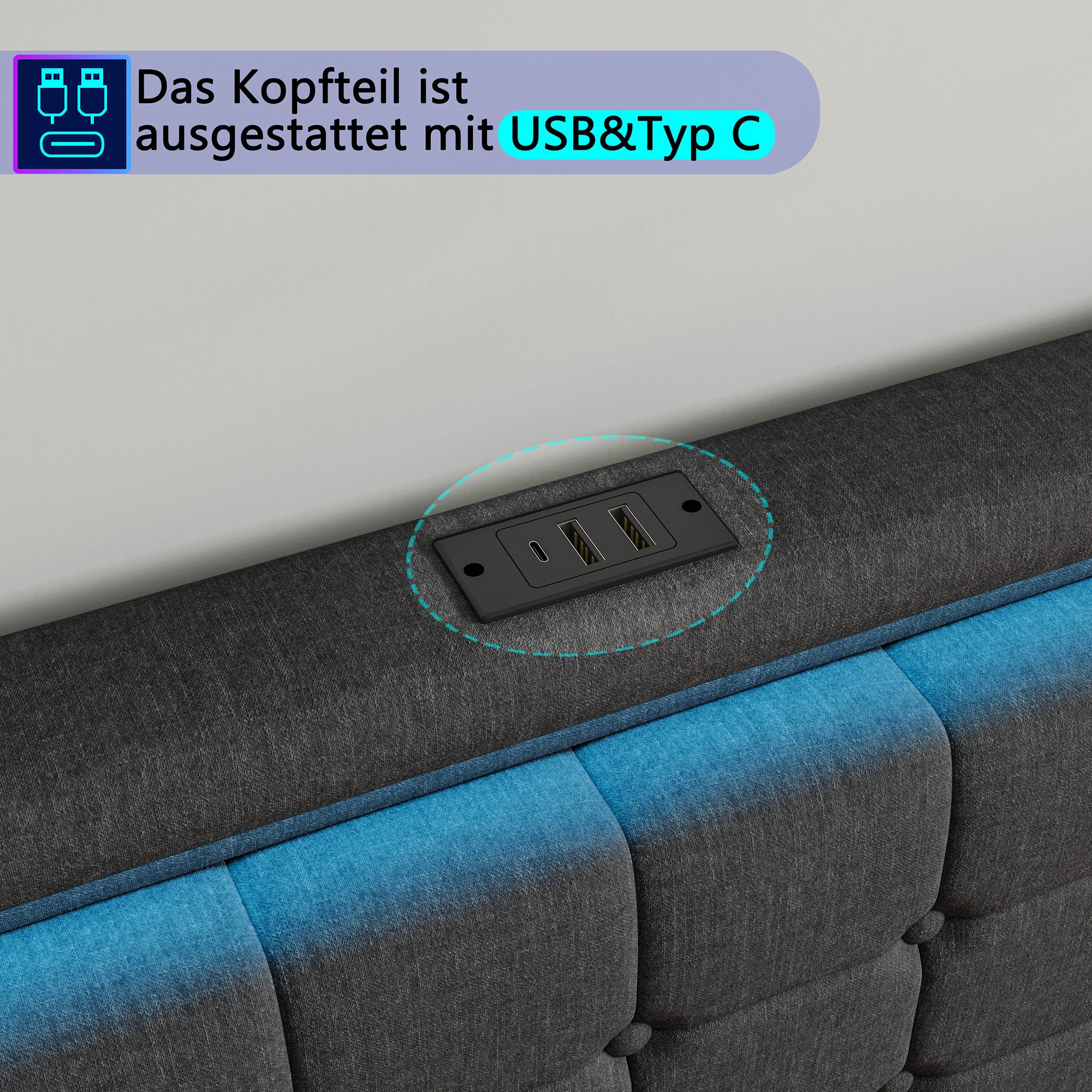 Polsterbett LED Doppelbett-grau 1